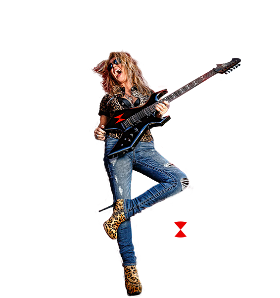 Picture of Lita Ford with Guitar Morice in front of red spinning star